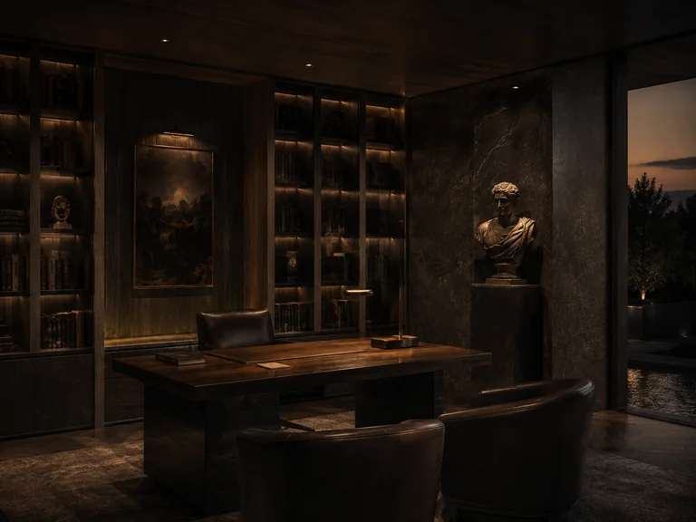Private study with bookshelves, artwork, and warm architectural lighting.