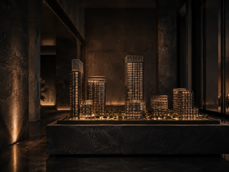 Illuminated architectural scale model of a modern development in a dark gallery.